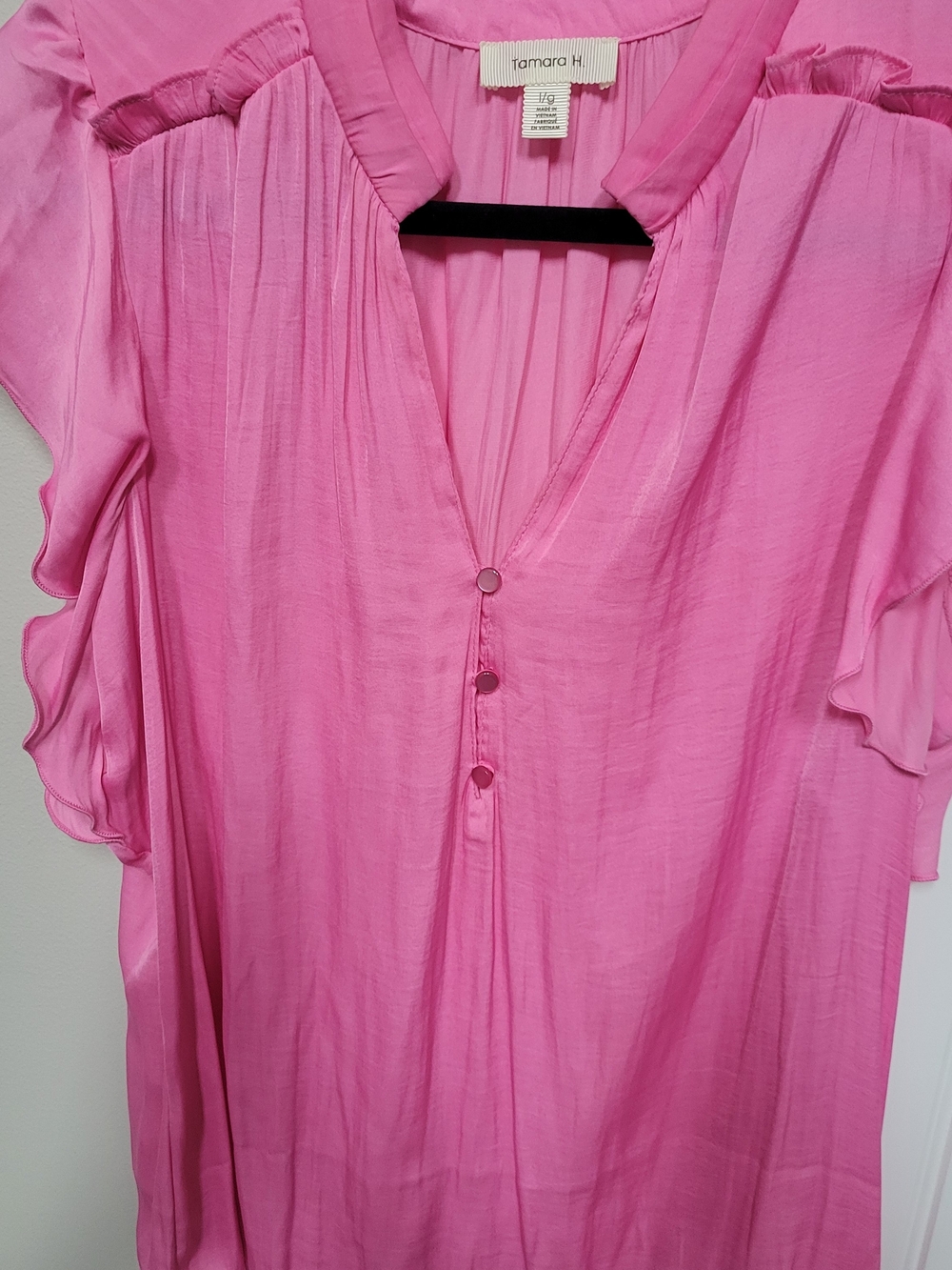 Tamara H. Pink Ruffle Sleeve V-Neck Women's Top